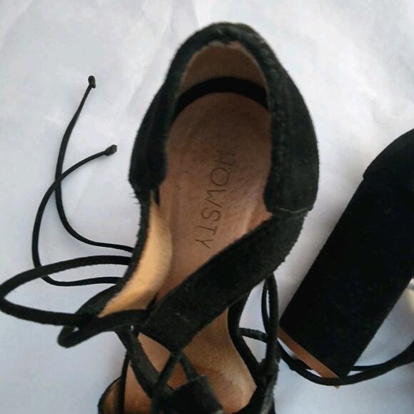 Anthropologie Howsty Mimosa Lasercut Suede Heels39 Black All Leather Wrap Ankle - Picture 5 of 10